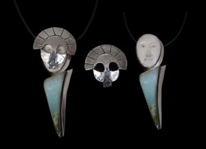 Mask, Chrysoprase on rubber cord and bone face with Sterling and Fine Silver